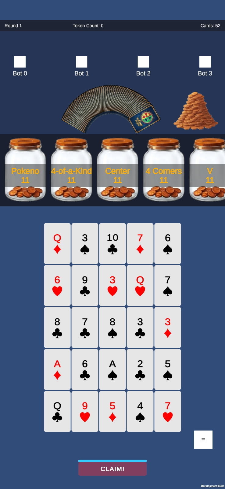 Pokeno Mania gameplay showing a player's card board, the called-card deck, pattern jars, and the CLAIM button